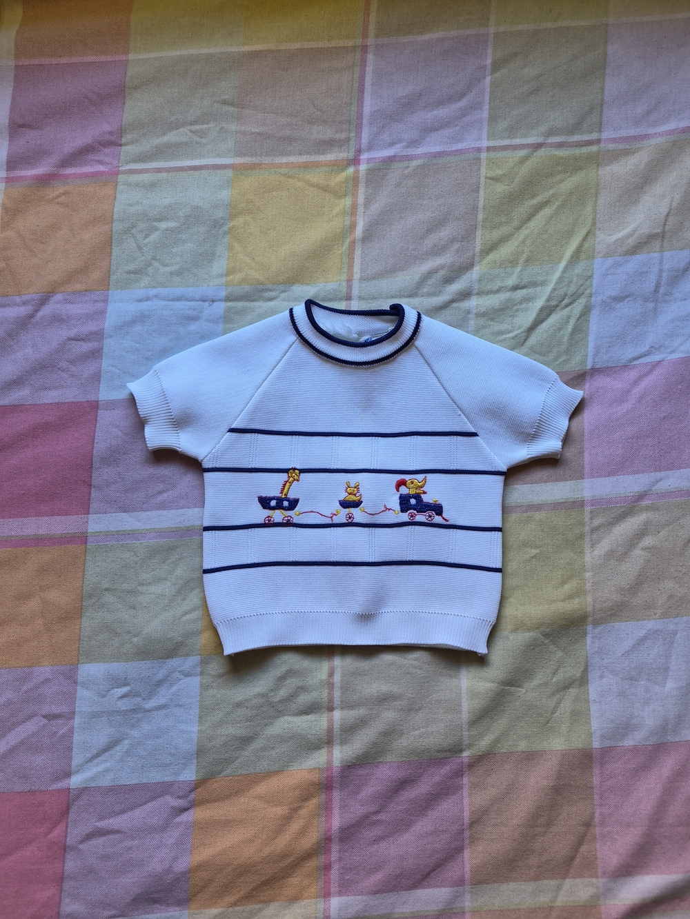 White Knit Short-Sleeve Sweater with Navy Stripe and Animal Train Embroidery